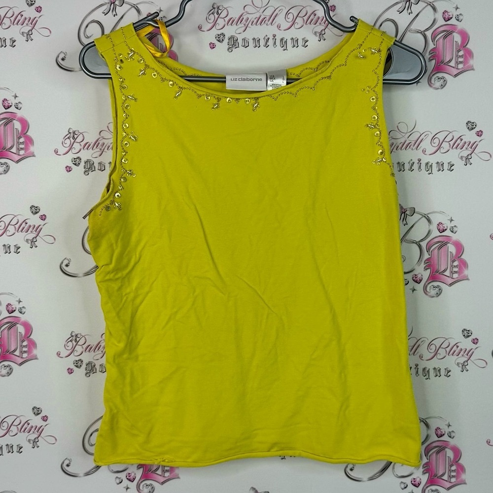 Liz Claiborne tank top sequins pearls beaded Lime Embellished Tank Top